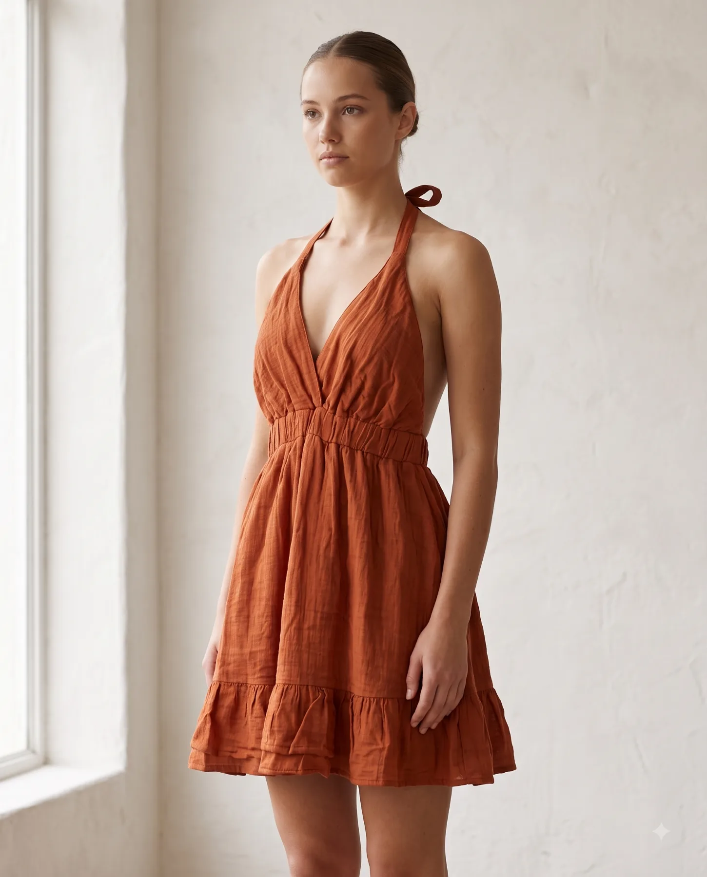 Müslin Halter Yaka Fırfırlı Mini Elbise — #b4553a