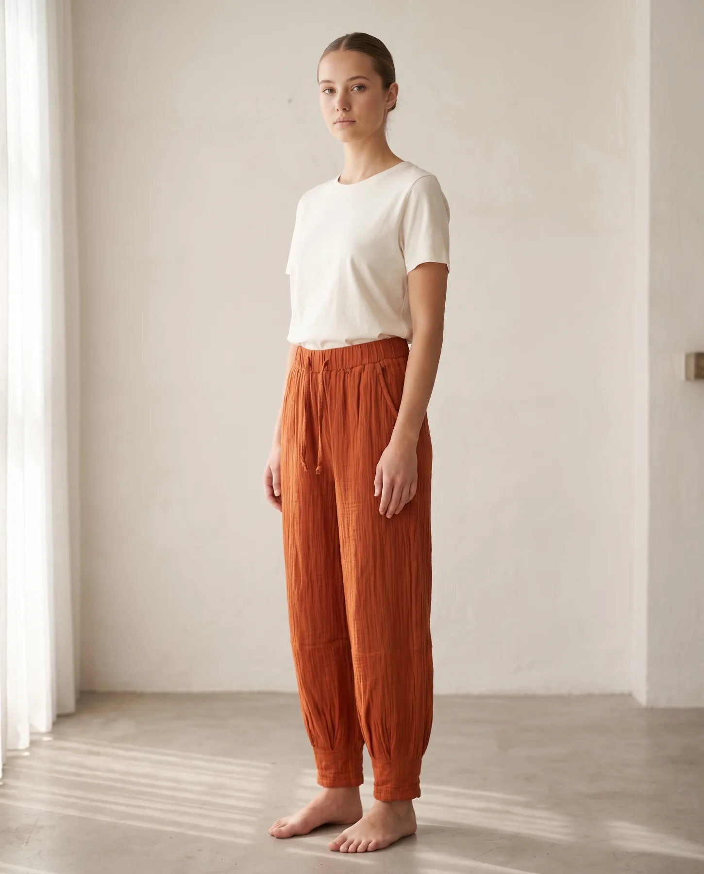 Müslin Beli Lastikli Relax Kesim Kadın Pantolon — #d2763a