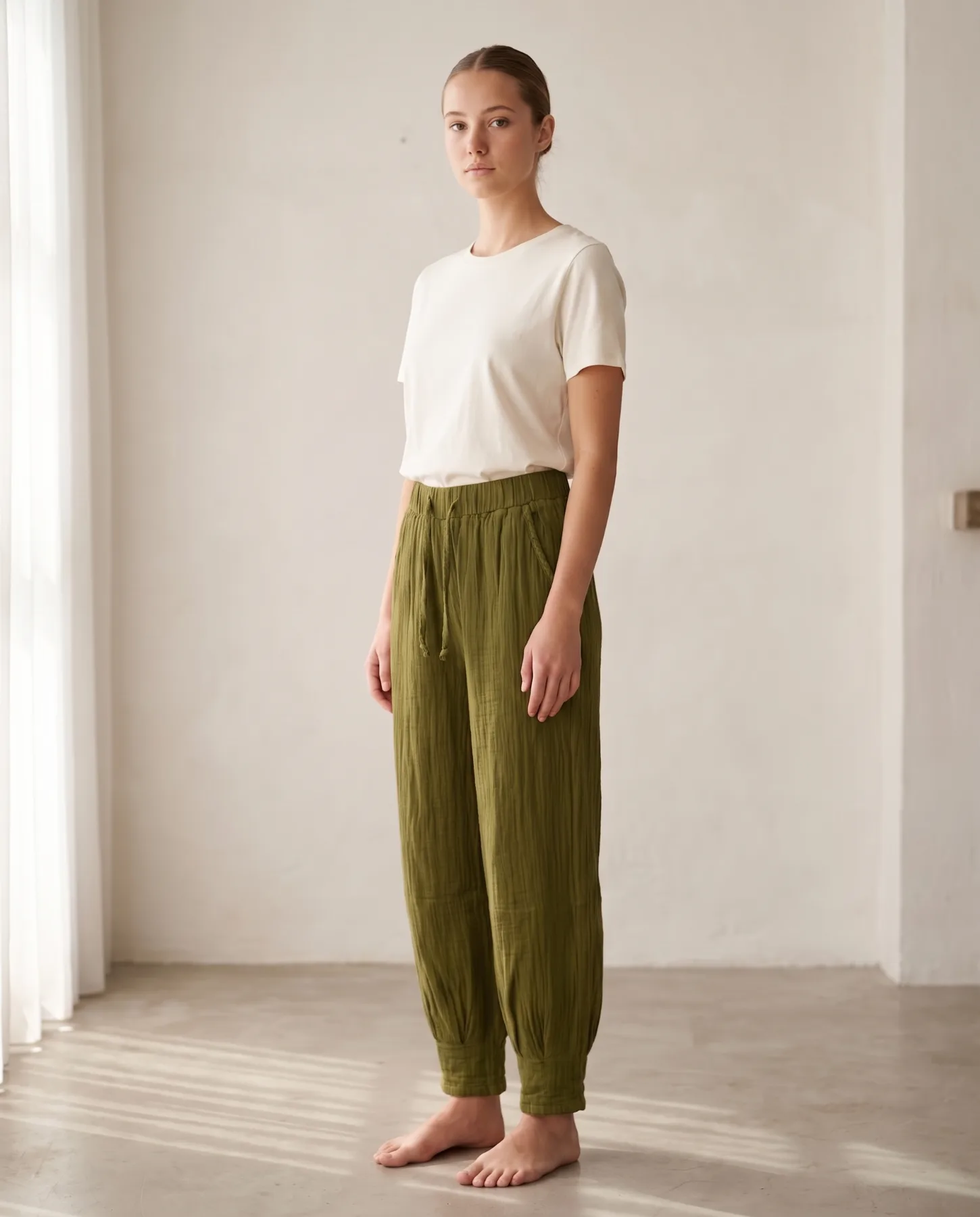 Müslin Beli Lastikli Relax Kesim Kadın Pantolon — #3f6b4f