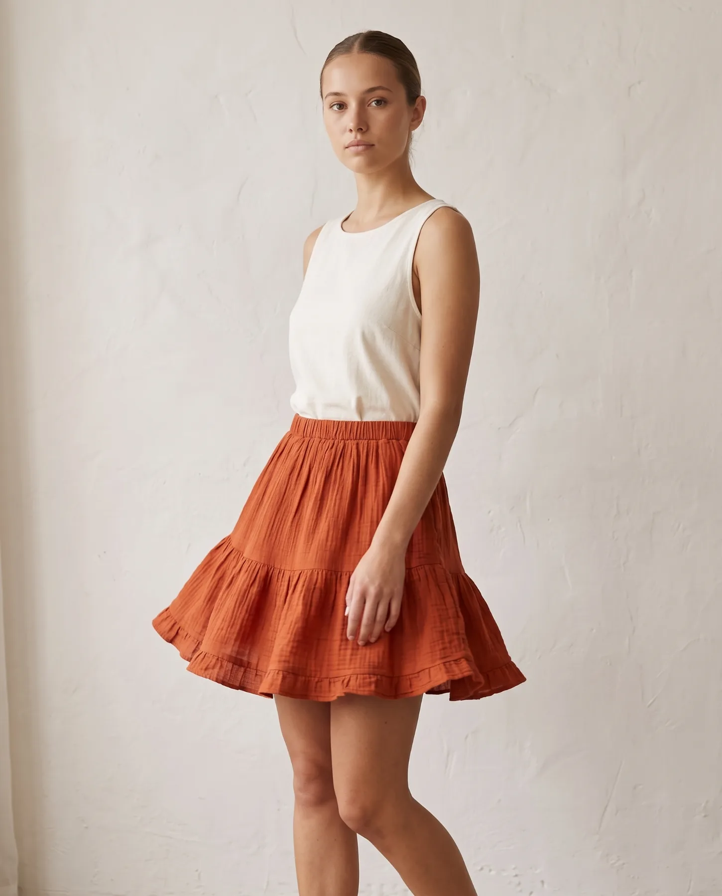 Beli Lastikli Fırfırlı Katlı Mini Etek — #d2763a